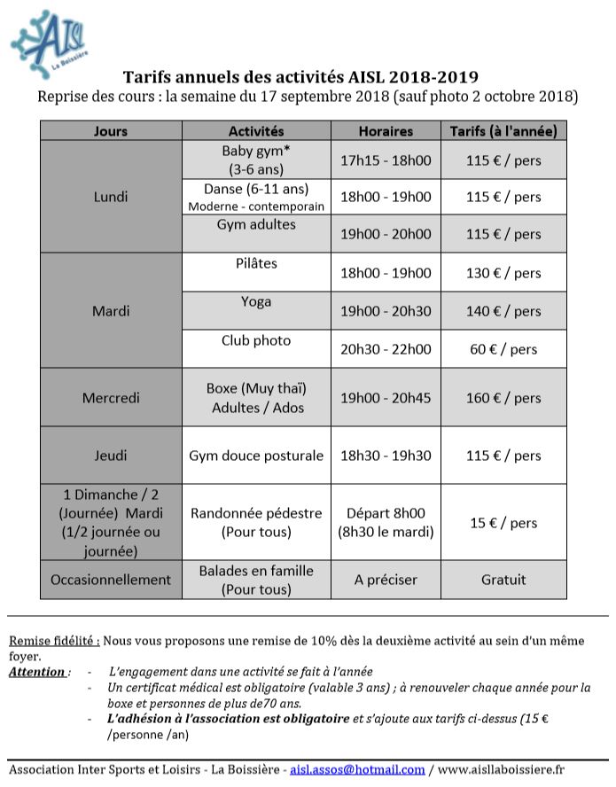 Grille tarifaire 2018-2019