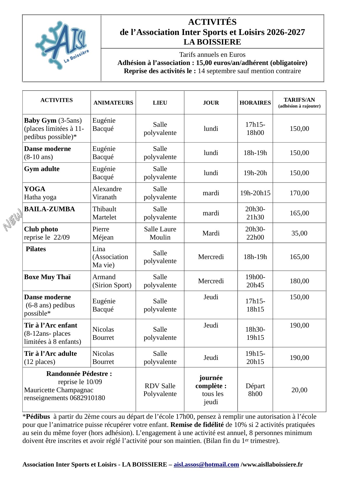 Grille des activités 2026-2027